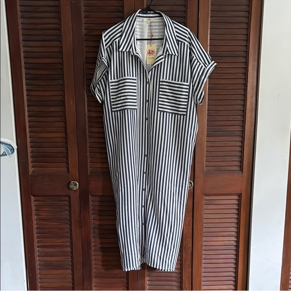 Entro Black and White Striped Midi Dress